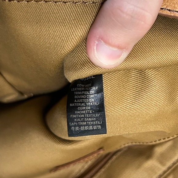 Fossil Leather Crossbody Shoulder Bag Purse Tan Textile Flap Lined Gray Stripes - Picture 13 of 13